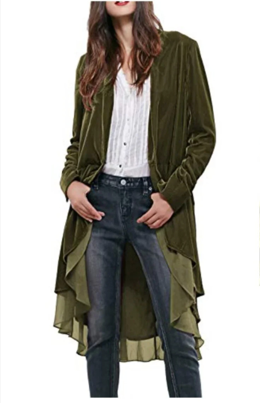 Women's Velvet Long Blazer Jacket Size XL , 16/18 Asymmetric Ruffled Olive Green